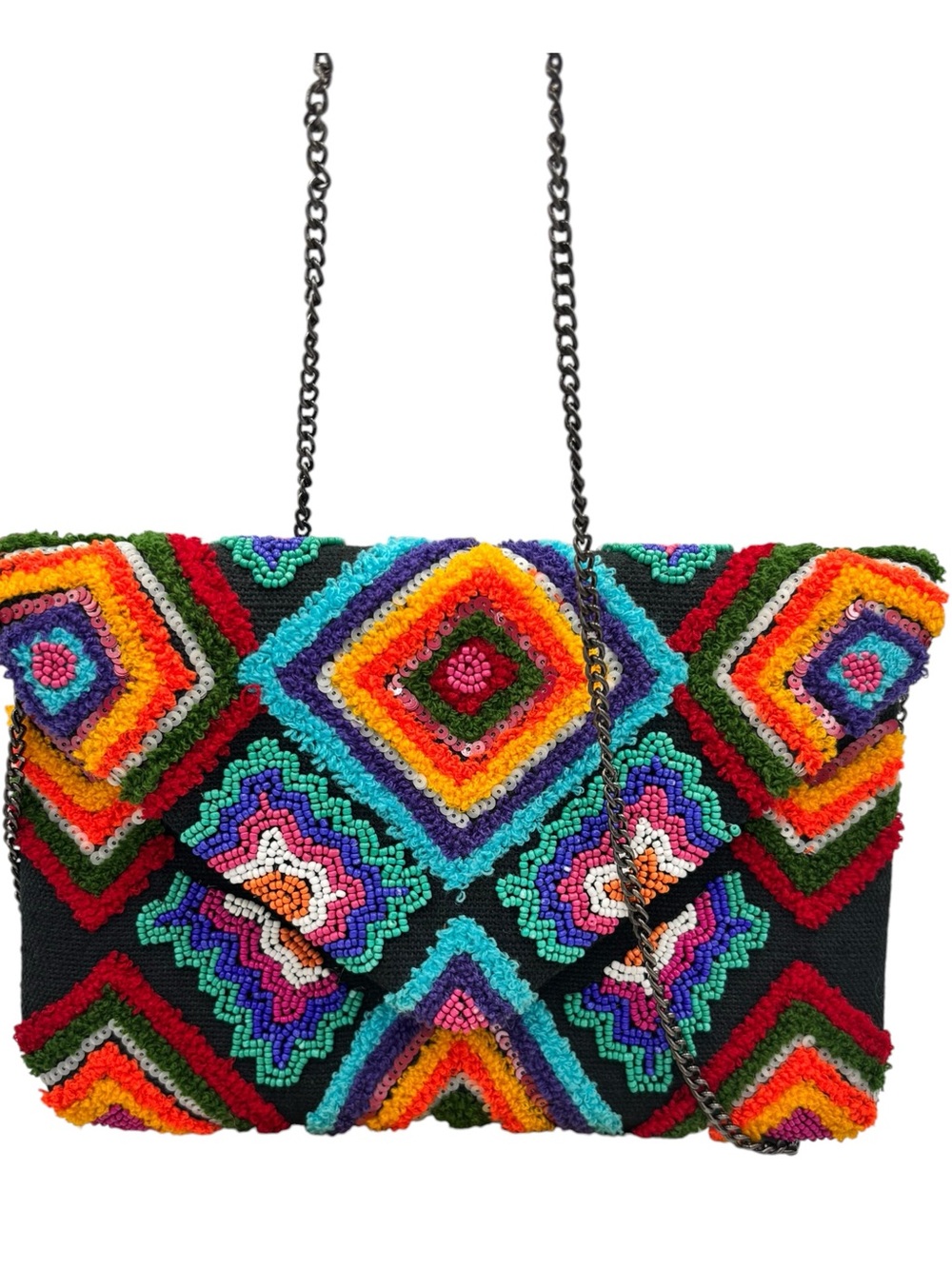 Boho Colorful Embroidered Beaded Envelope Crossbody Clutch Chain Bag Fest